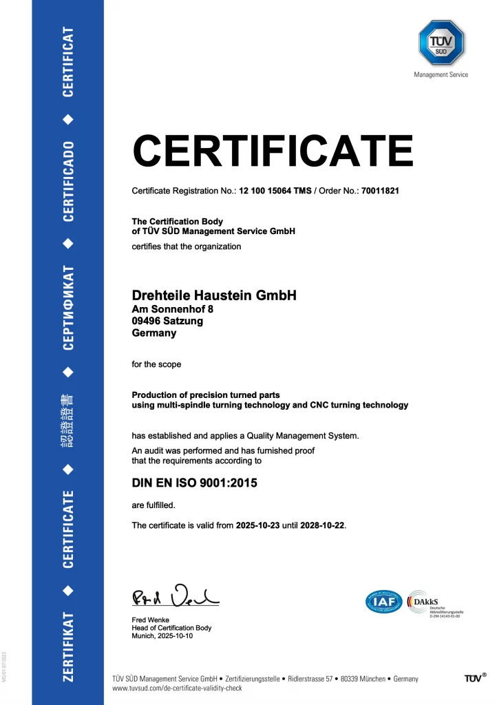TÜV Zertifikat ISO 9001 2015, Drehteile Haustein, CNC Drehtechnik, Präzisionsdrehteile, Mehrspindeltechnik